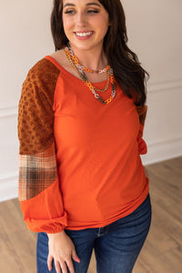 So Confident Orange Plaid & Glitter Sleeve Top