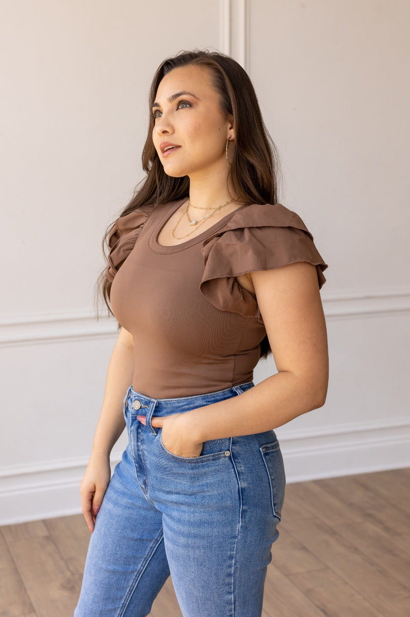 The Eloise Ruffle Sleeve Bodysuit, Brown