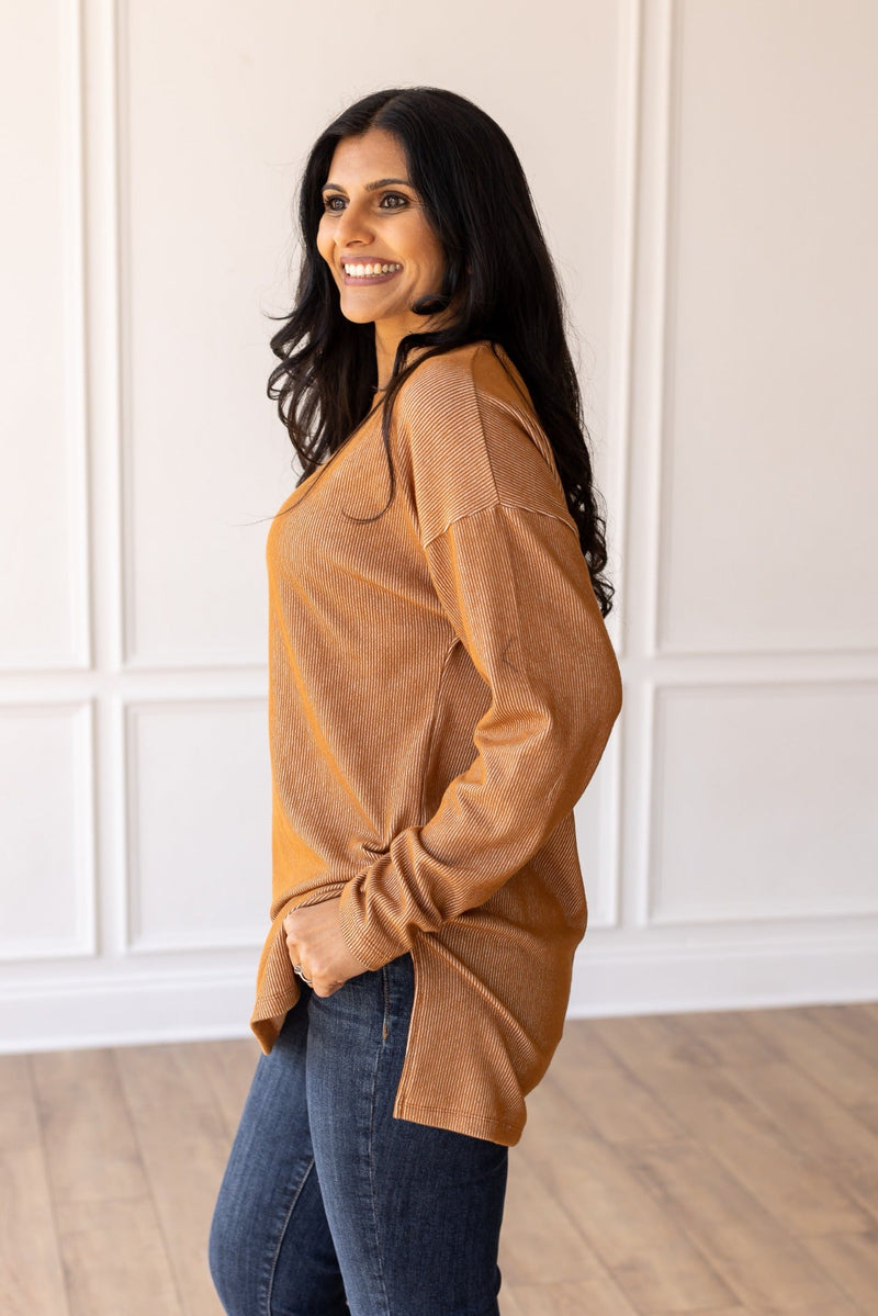 Daydream Sweetie Brown Ribbed Long-sleeve Top