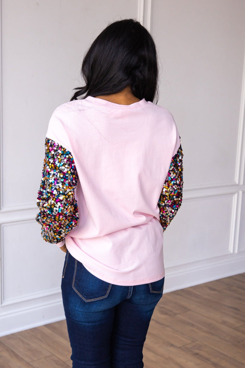 Santa on Pink Sweatshirt with Sequin Sleeves