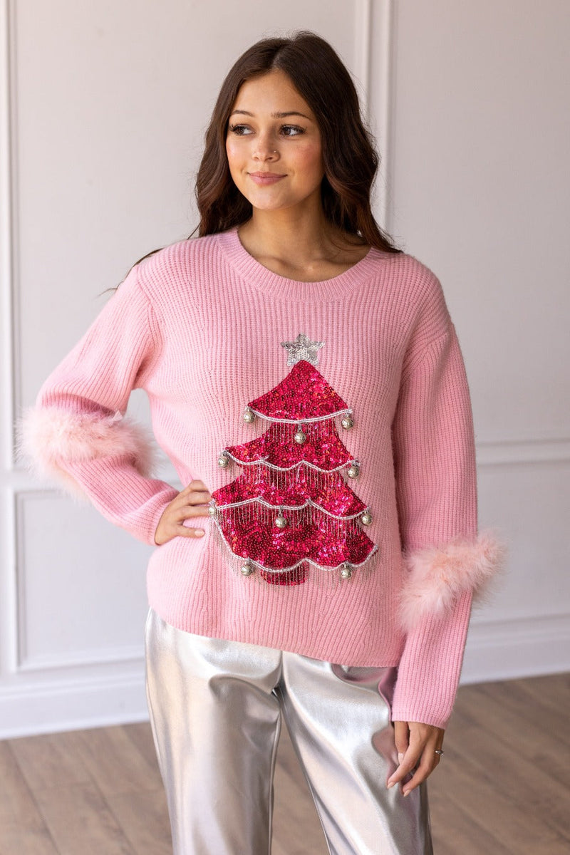 Beaded Christmas Tree Pink Sweater