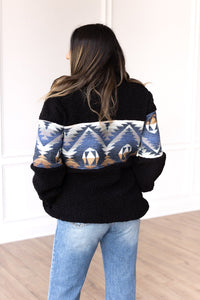 Black Half Zipper Sherpa With Aztec