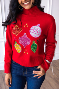 Red Ornaments Sweater with Fringe Sleeves