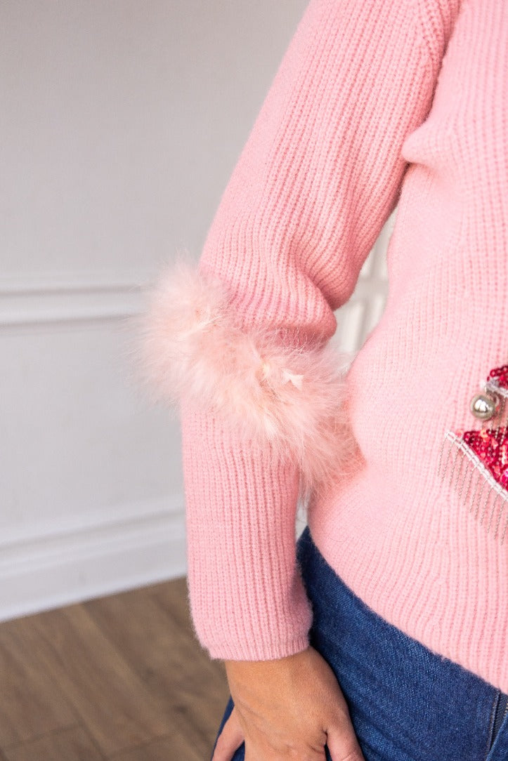 Beaded Christmas Tree Pink Sweater