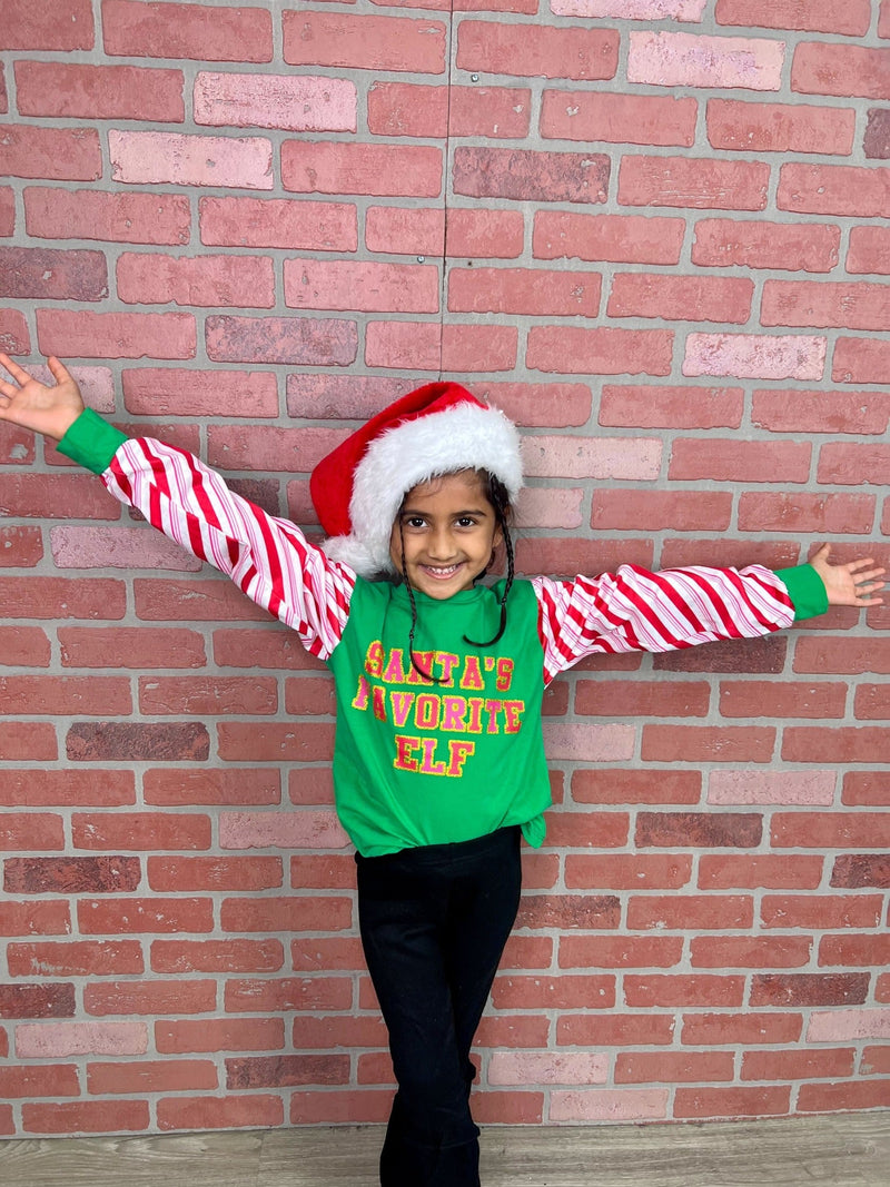 Santa's Favorite Elf Green Candy Cane Girls Top