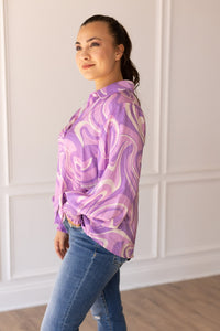 Retro Reverie Balloon-Sleeve Blouse in Purple Satin