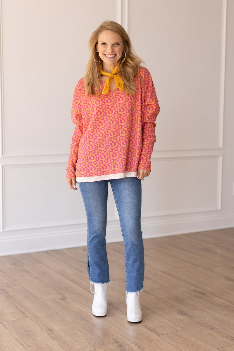 Pretty Pleased Waffle Knit Top in Orange Leopard