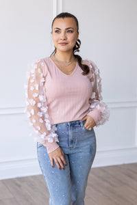 Love Blooms Pink Mesh Sleeve Top