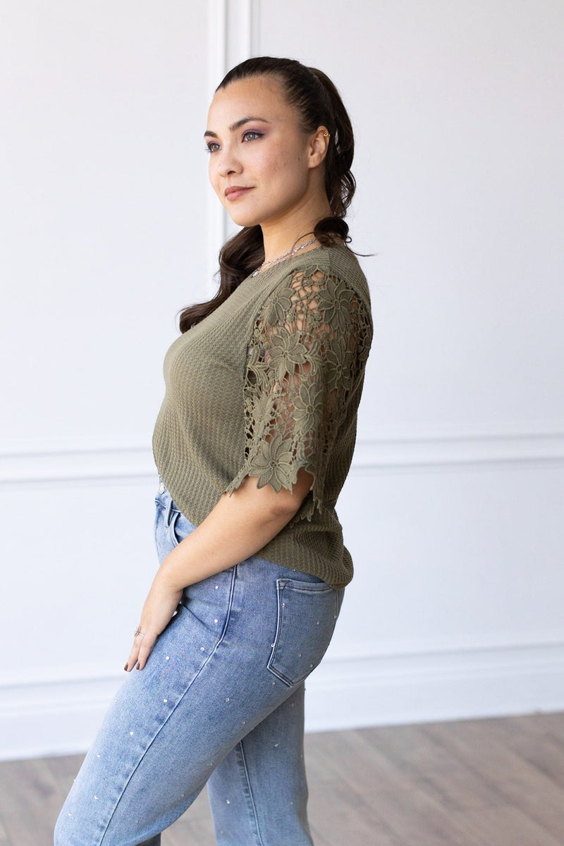 Garden Romance Waffle Knit Top in Olive