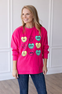 Candy Hearts on Hot Pink Crazy Cozy Microfleece Crewneck