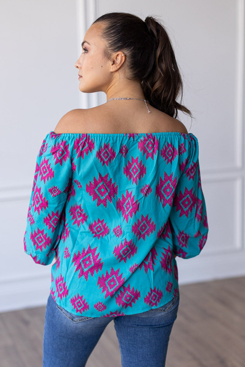 Rustic Touch Turquoise Off The Shoulder Top