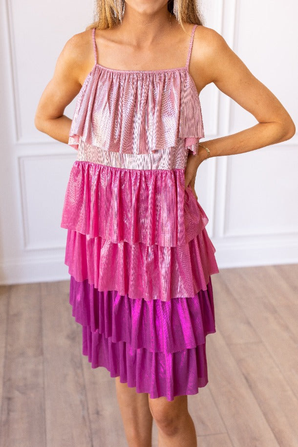 Fuchsia Flair Metallic Layered Dress