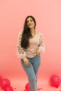 Love Blooms Pink Mesh Sleeve Top