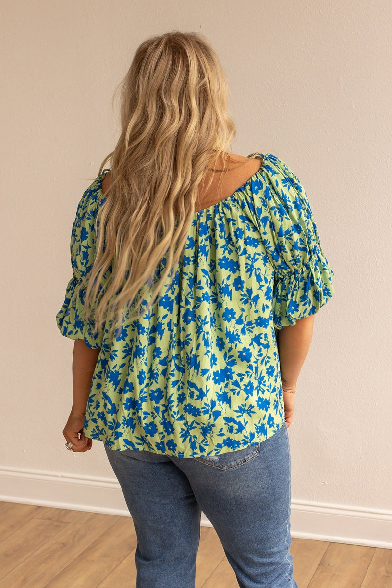 Suburban Azure Blossom Off-the-Shoulder Top