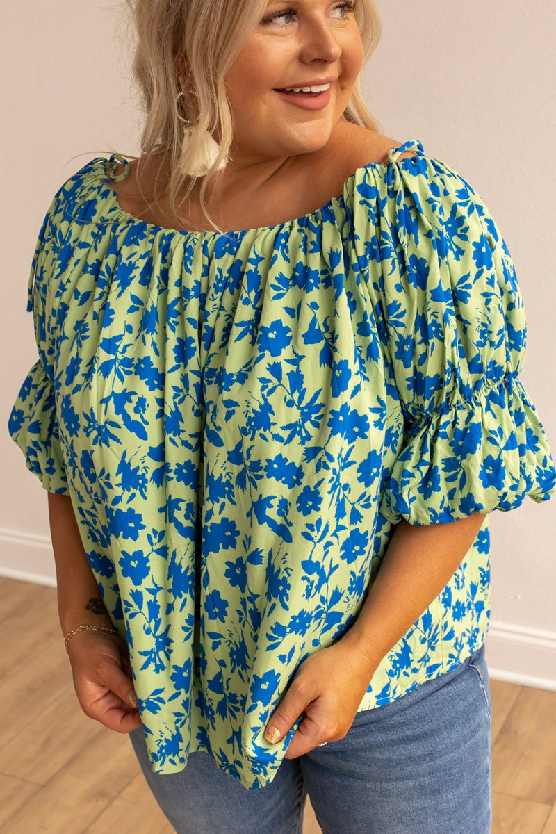 Suburban Azure Blossom Off-the-Shoulder Top