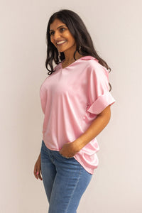 Cara Collared Top, Pink Satin