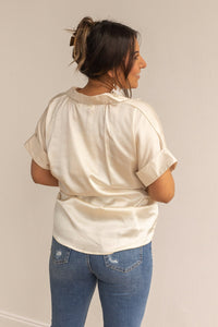 Cara Collared Top, Ivory Satin