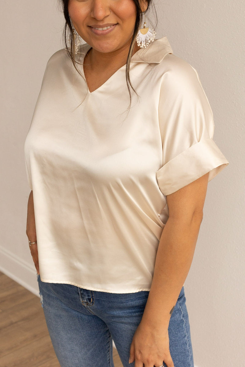 Cara Collared Top, Ivory Satin