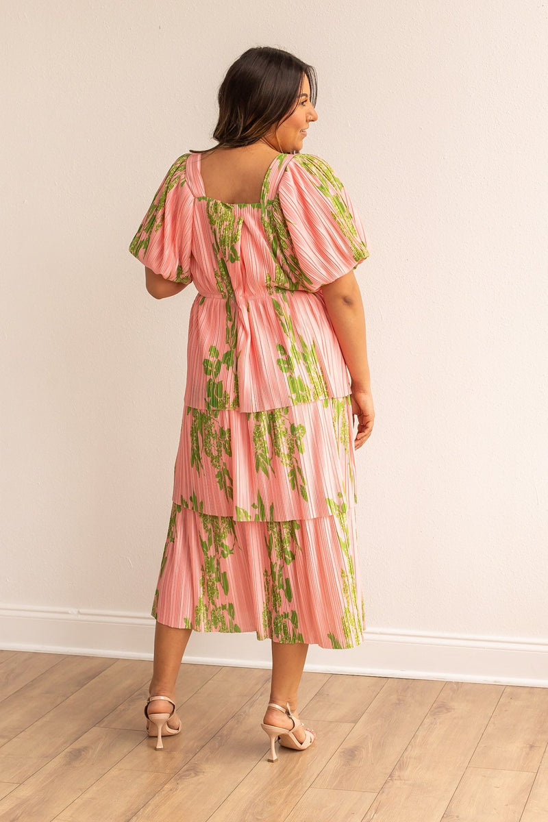 The Nina Floral Pink Puff Sleeve Midi Dress