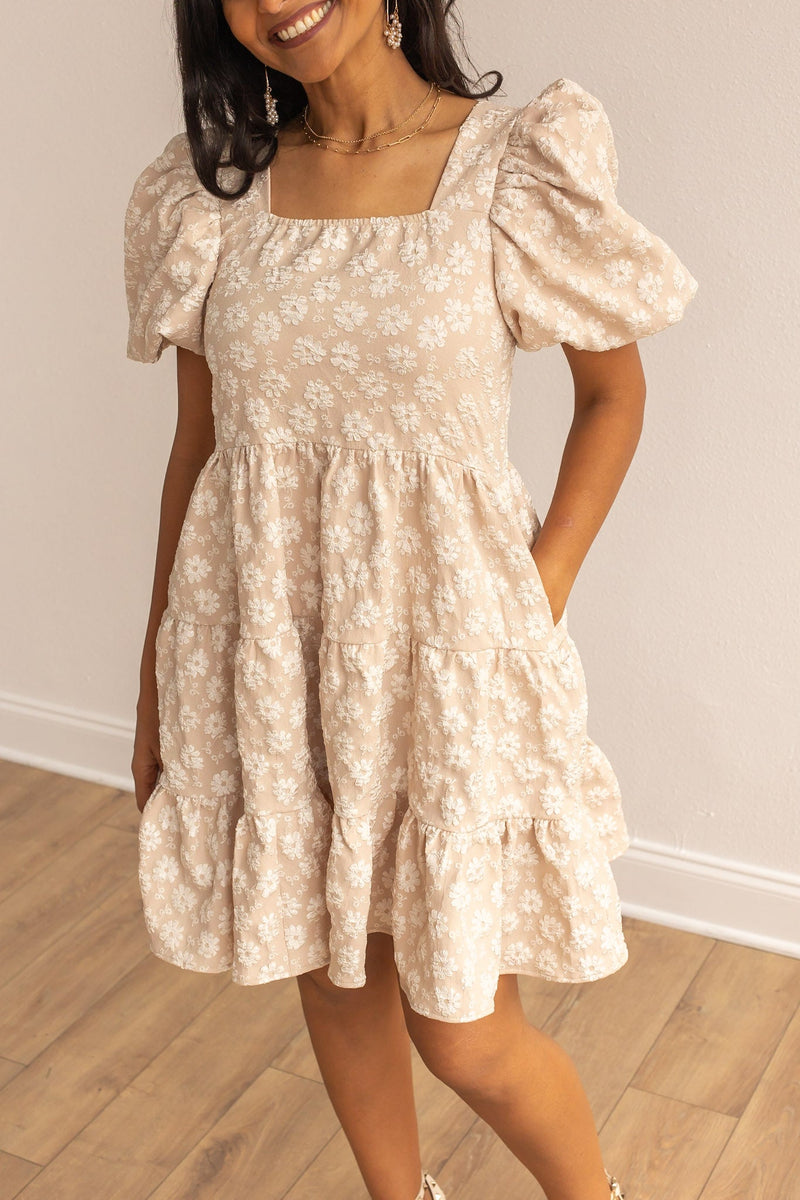 Botanical Blush Beige Floral Puff Dress