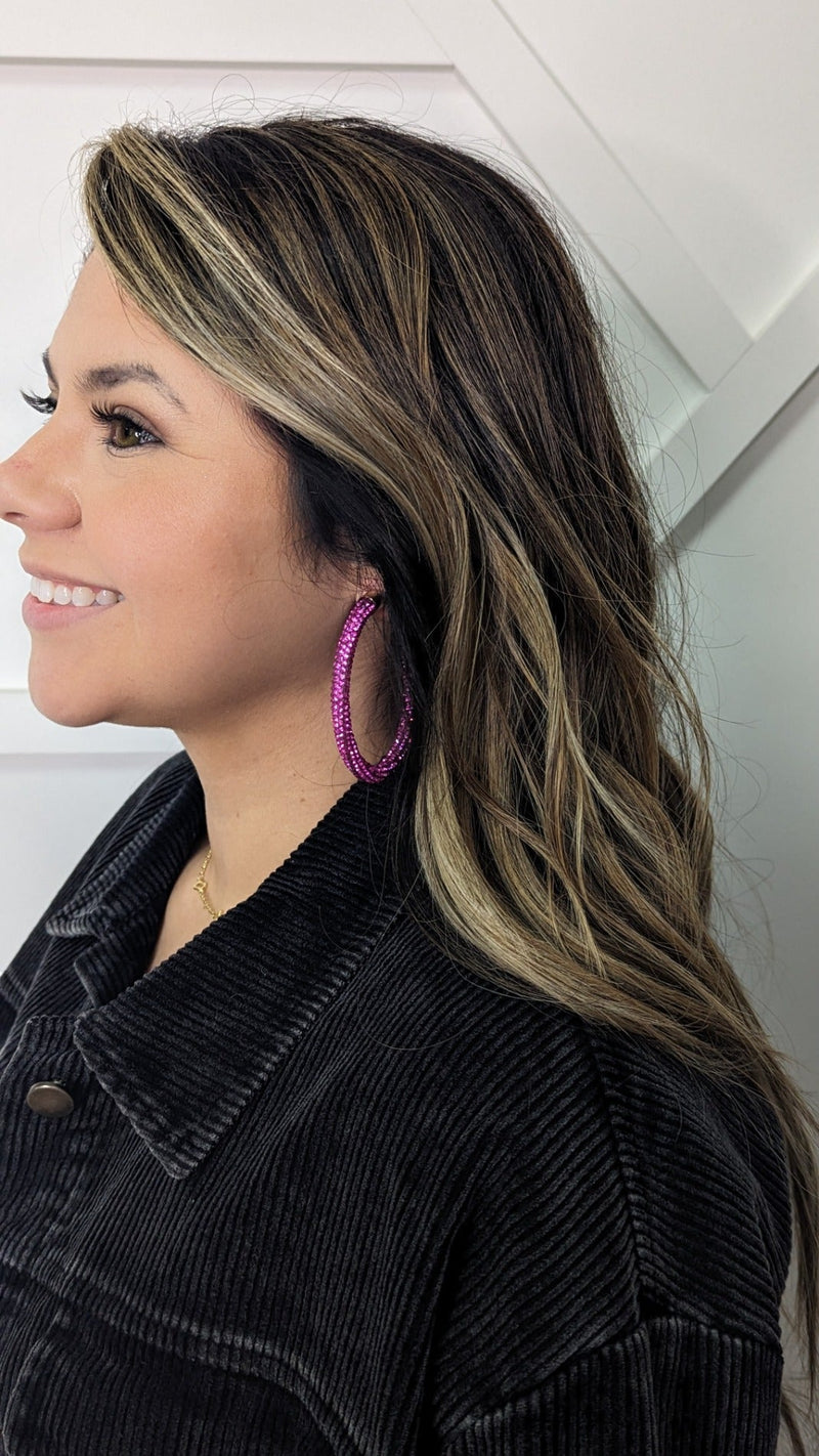 Let's Go Girls Fuchsia Crystal Hoop Earrings