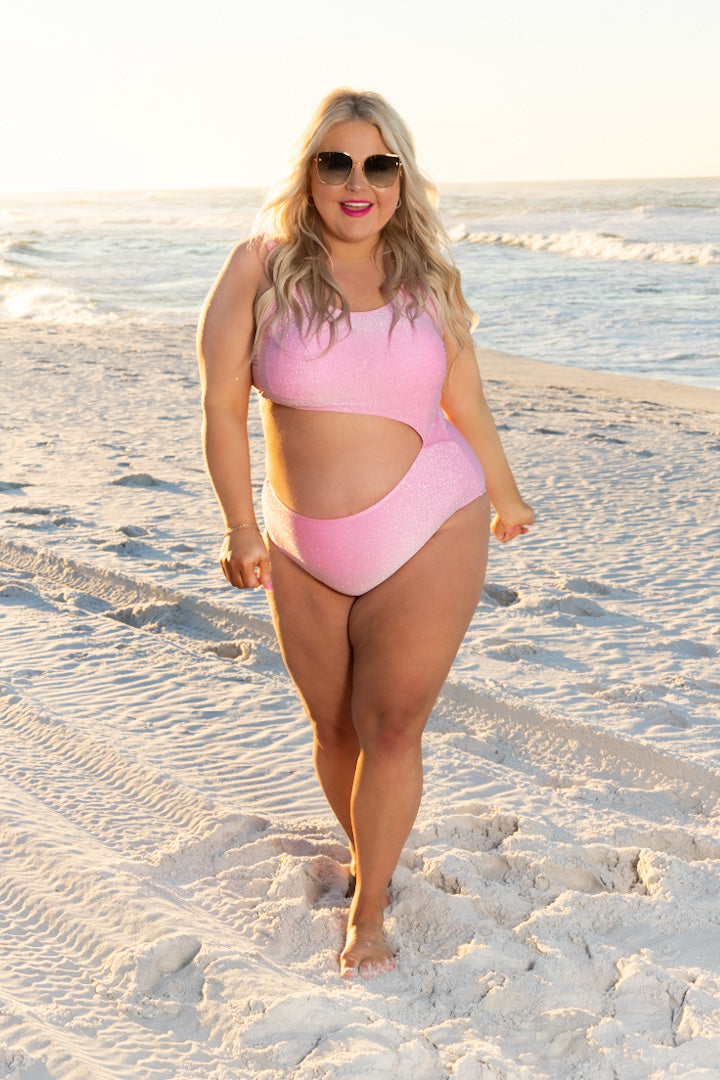 Pink Shimmer Side Cut One Piece Swim