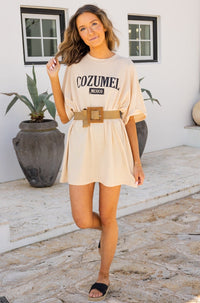 Tropical Vibes: Cozumel Mexico on Oversized Tee, Beige