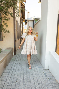 Botanical Blush Beige Floral Puff Dress