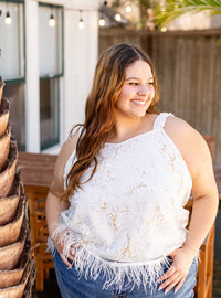 Mesh Top with Feathers, White