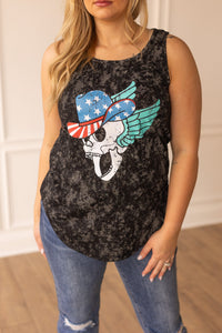 Patriotic Winged Skull on Black Acid Wash Tank