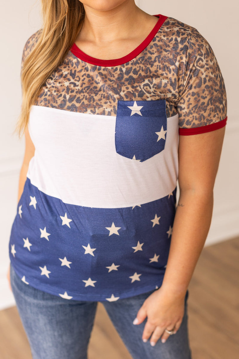 Party Like Its 1776 Pocket Tee, Vintage Leopard and Stars