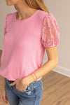 Pink Ribbed Tee With Lace Puff Sleeve