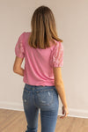 Pink Ribbed Tee With Lace Puff Sleeve