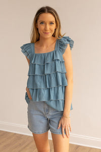 Femme Flounce Blue Ruffle Top