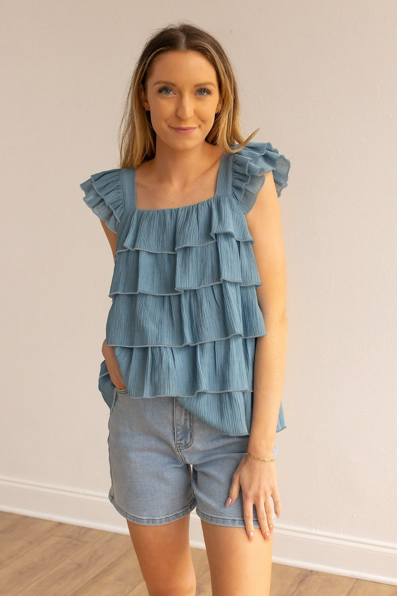 Femme Flounce Blue Ruffle Top