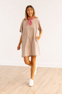 The Kiki Beige Wash Tee Shirt Dress With Pockets