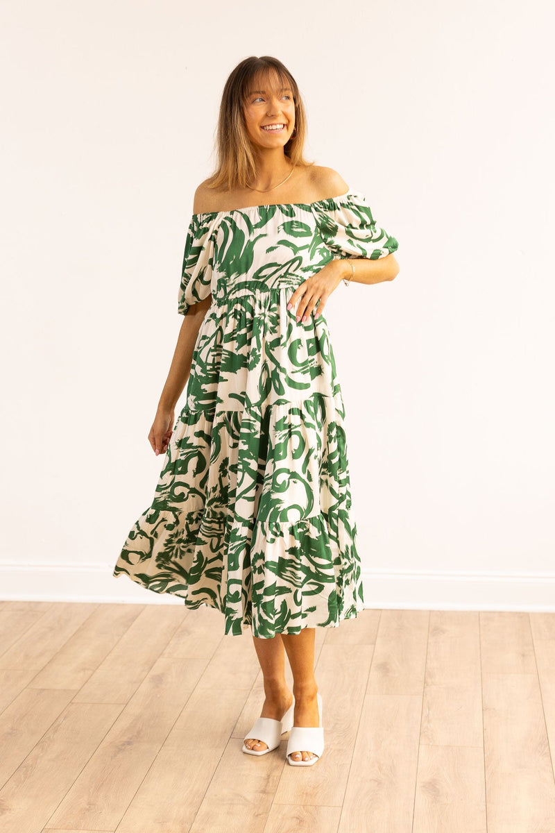 Elizabeth Midi Dress, Green & Ivory