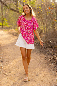 Watercolor Leopard Puff-Sleeve Blouse, Pink