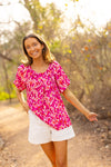 Watercolor Leopard Puff-Sleeve Blouse, Pink