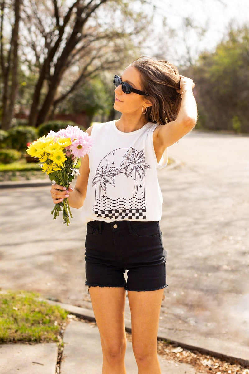 Checkers and Palm Trees Tank, White