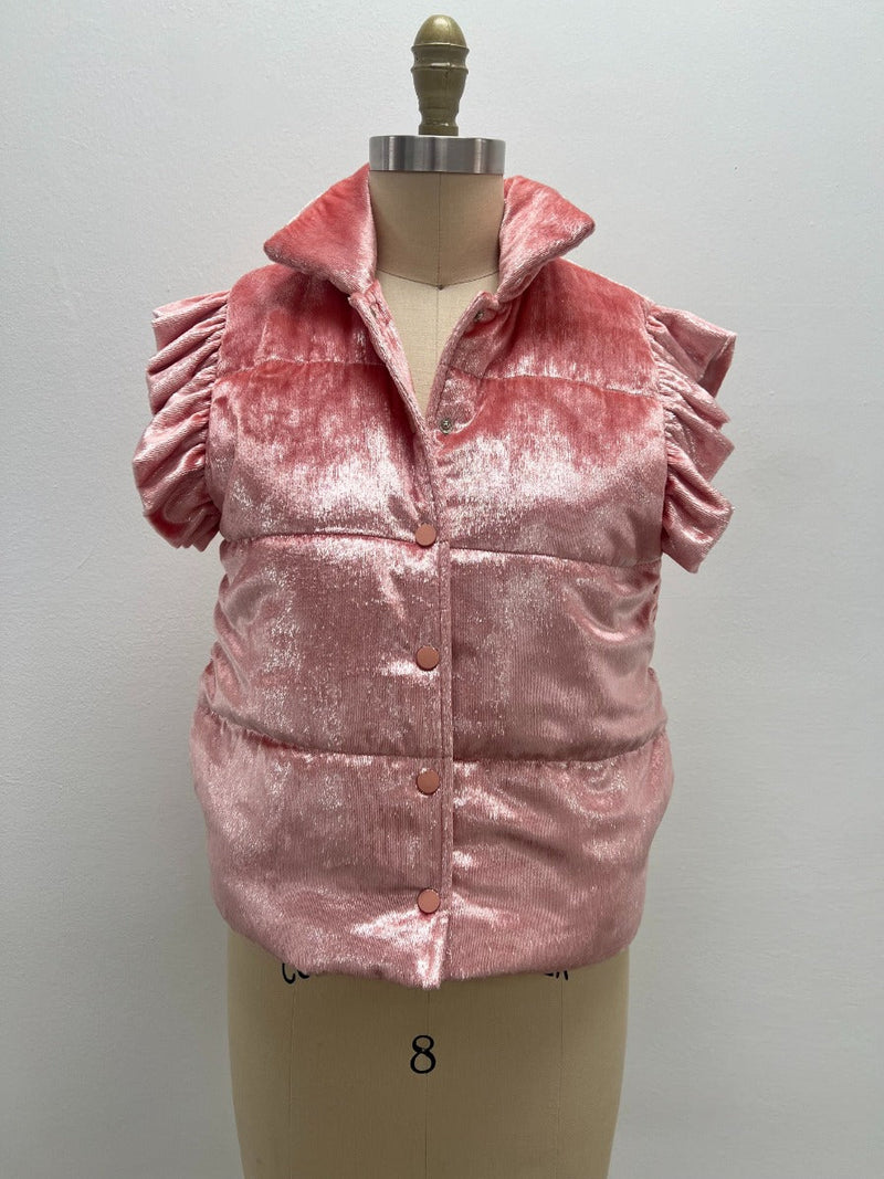 Pink Shimmer Ruffle Sleeve Puffer Vest