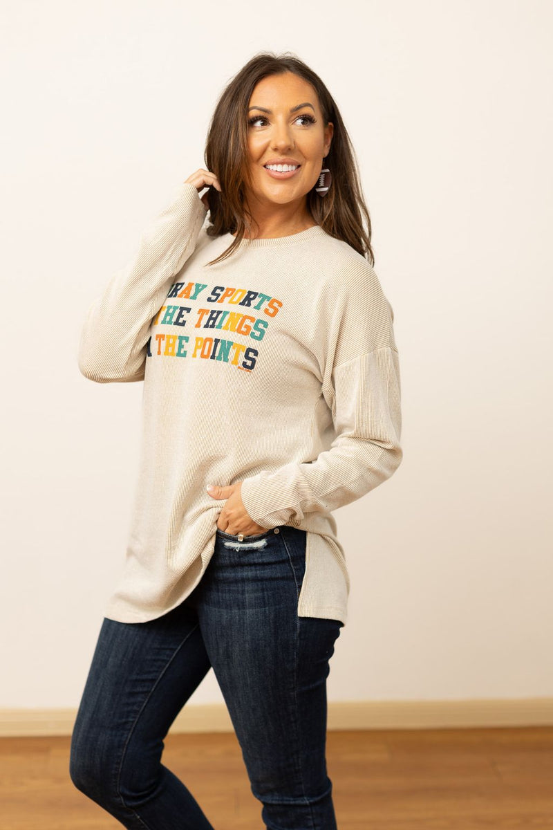 'Hooray Sports' on Beige Ribbed Long-Sleeve Tee