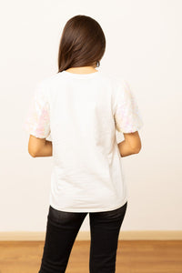 Footballs on White Top with Sequin Sleeve