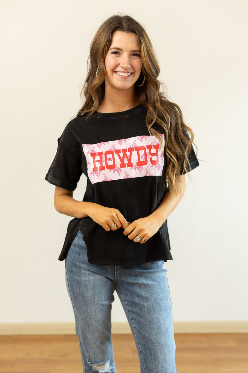 Howdy on Black Split Hem Top