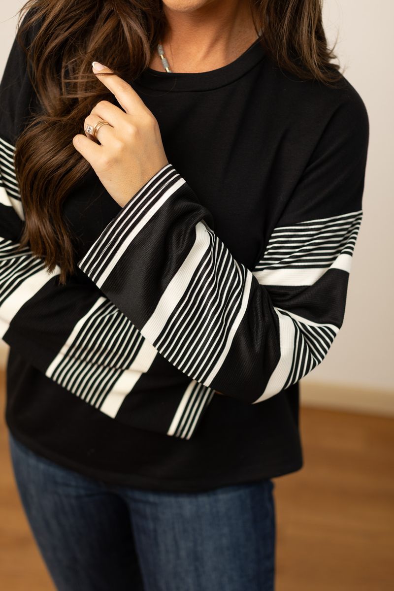 The Leslie Black Top with Striped Sleeve