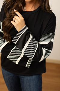 The Leslie Black Top with Striped Sleeve