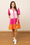 Pink Color Block Button-Up Dress