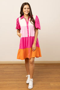 Pink Color Block Button-Up Dress