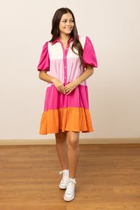 Pink Color Block Button-Up Dress