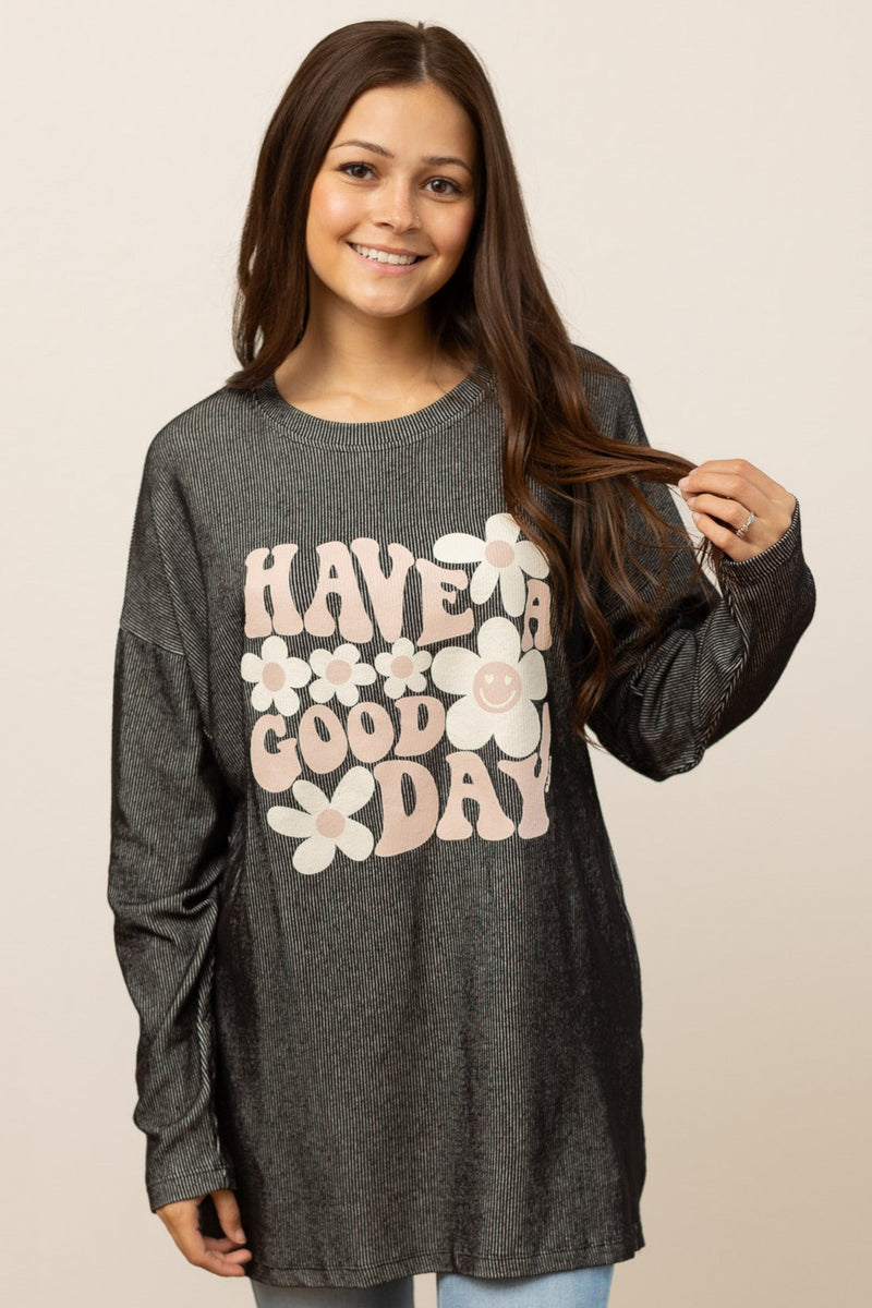 Have A Good Day on Black Ribbed Long-sleeve Top